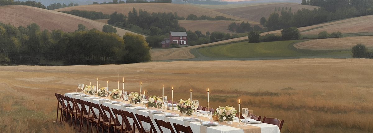 farm to table dinner in an open field with muted tones